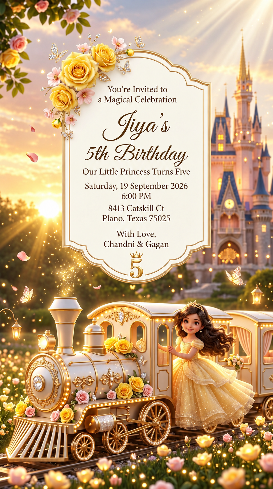 Jiya’s fifth birthday invitation with golden roses, a castle and a princess train